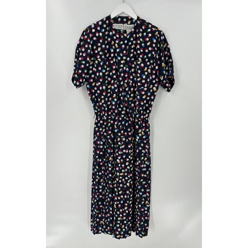 Liz Roberts Vintage Dress Womens Large XL Blue Polka Dot Pleated Button Front